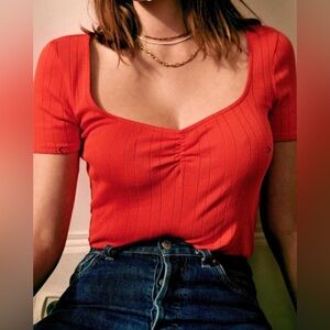 Sezane Red Ribbed Blouse